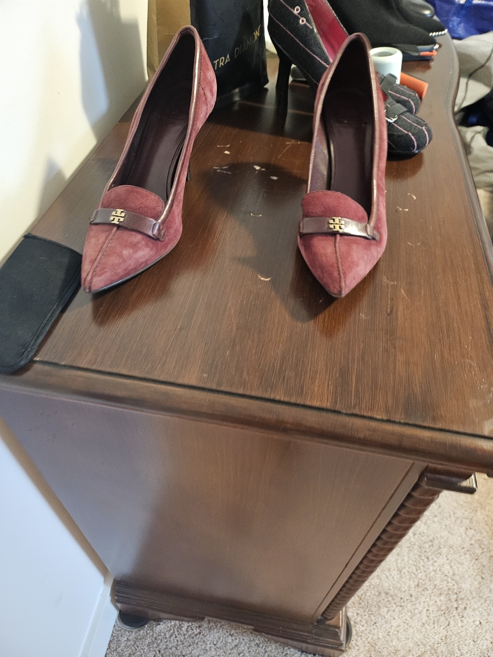 Tory Burch Bordeaux Suede Pointed-Toe Pumps with Logo Strap